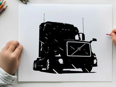 Silhouette of a large truck with a volvo front grille