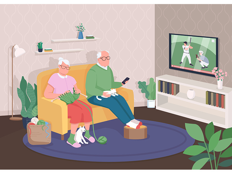 Old couple at home flat color vector illustration