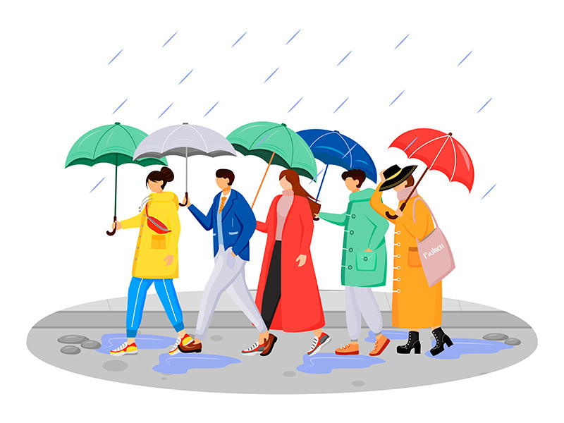 People in raincoats flat color vector faceless characters