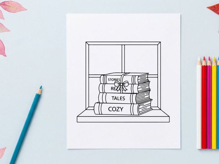 Nicho navideño de ventana dibujado a mano con libros apilados etiquetados como cuentos acogedores y alegría festiva