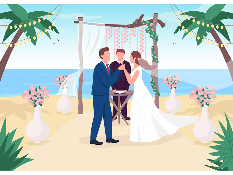 Tropical wedding ceremony flat color vector illustration