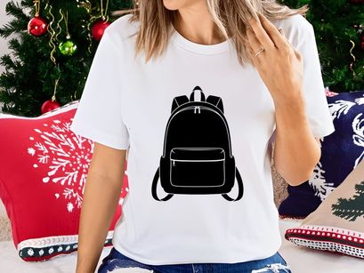 Front View of a Modern Backpack with a Zippered Front Pocket and Straps, Symbolizing School, Travel, and Outdoor Adventures. Black and White Vector.