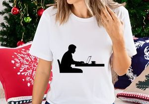Woman working on laptop with coffee minimalist silhouette