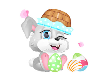 Cute Easter rabbit with basket on head kawaii cartoon vector character preview picture