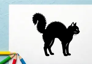 Silhouette of a Black Cat with Fluffy Tail Standing on White Background