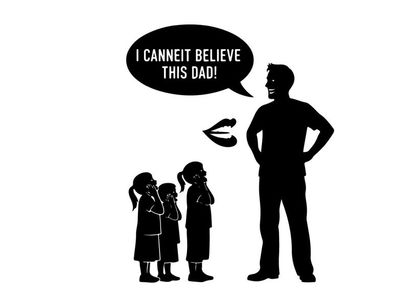 Silhouette of a father scolding his children in a comedic scene