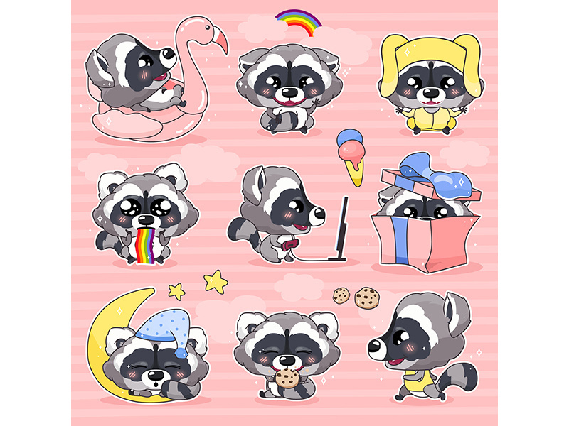Cute raccoon kawaii cartoon vector characters set