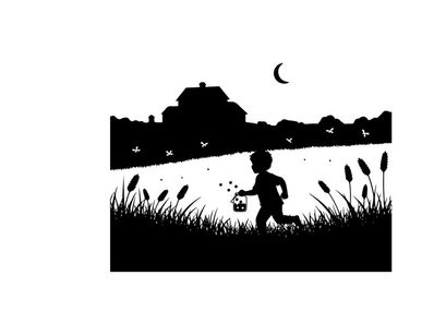 Silhouette of a child running under a crescent moon at dusk