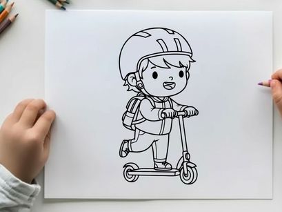 Child riding scooter with helmet vector illustration
