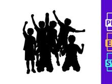 Silhouette of six children jumping and celebrating with raised arms in unison