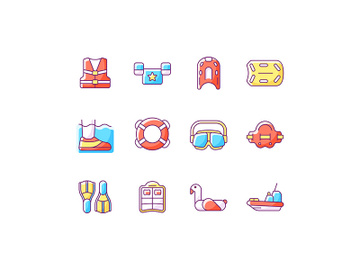 Pool floats and water safety equipment RGB color icons set preview picture