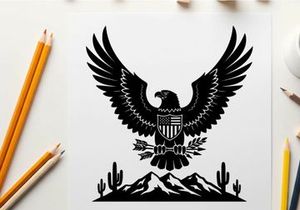 American eagle silhouette with shield and desert landscape
