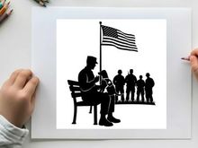 Silhouette of a soldier playing the trumpet with american flag and troops