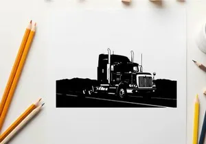 Silhouette of a semi truck driving on a highway with mountains