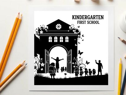Silhouette of children and teacher outside kindergarten first school building