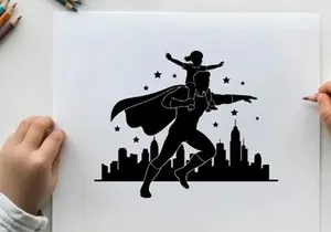 Superhero silhouette flying over cityscape with cape and stars