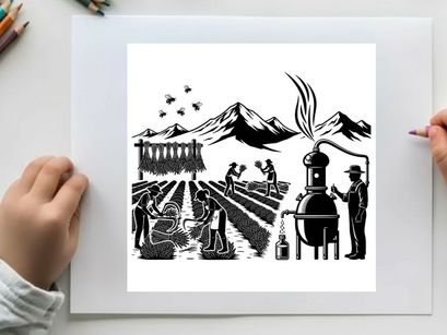 Silhouette of people working on a farm with mountains and a still