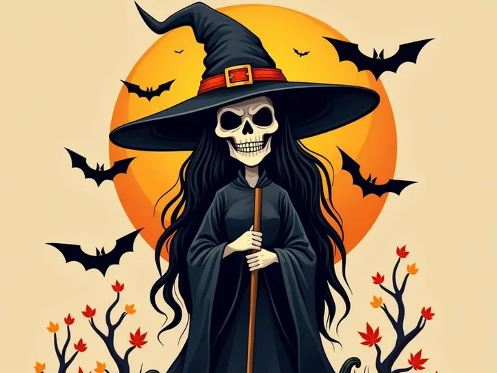 Halloween witch illustration of a skull-faced character