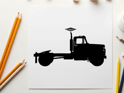 Silhouette of a semi truck with red stop sign on a white background
