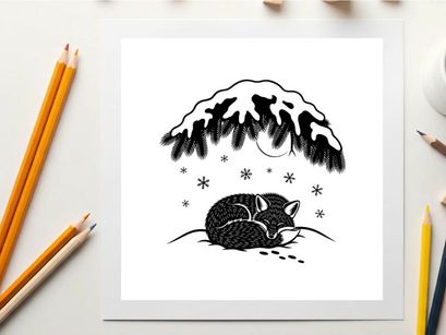 Sleeping cat under snowy mountain silhouette