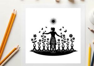Silhouette of a woman surrounded by flowers and birds in a garden silhouette