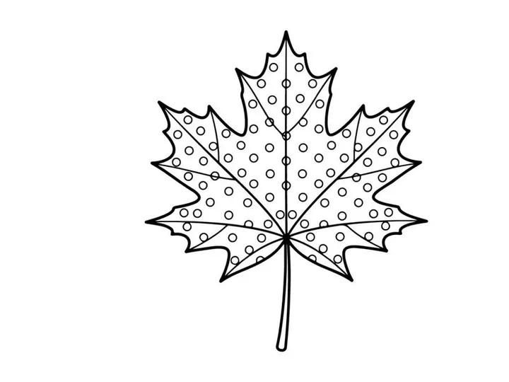 Maple leaf line art with polka dots. Hand drawn botanical illustration for coloring page.