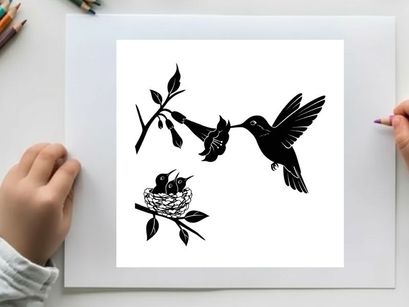 Hummingbird feeding young in nest silhouette