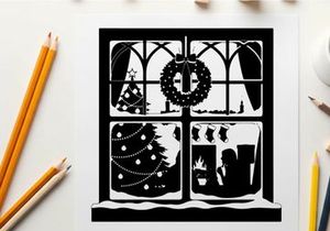 Christmas window silhouette with wreath and decorations