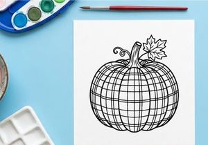 Plaid pumpkin line art illustration. Hand drawn autumn squash with checkered pattern.