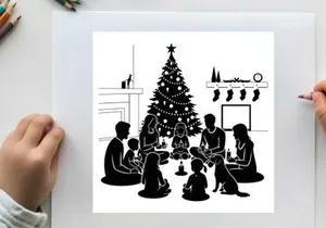 Family in silhouette celebrating around a christmas tree