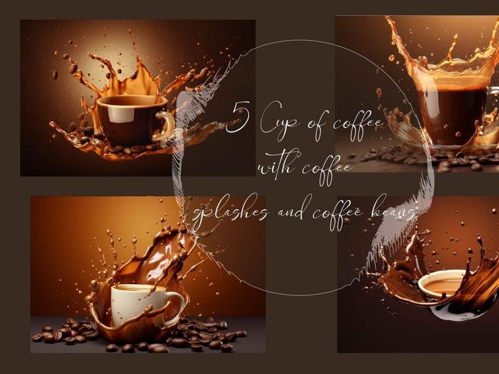 Cup of coffee with coffee splashes and coffee beans