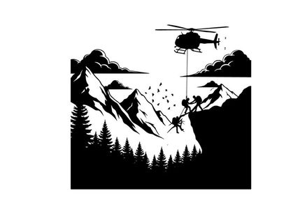 Silhouette of helicopter rescuing people in mountainous terrain with silhouette