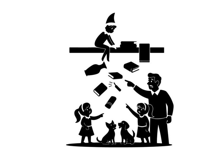 Silhouette of a teacher and students with falling books and a dog
