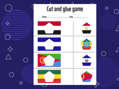 12 Pages Cut and glue game for kids with country flag. Cutting practice for preschoolers. Education paper game for children