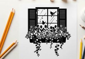 Silhouette of flowers and birds outside a window