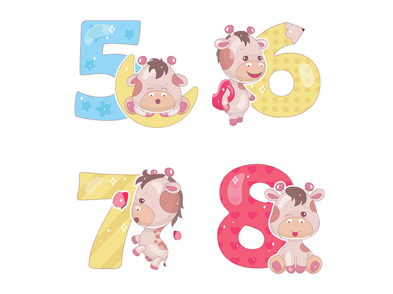 Cute numbers with baby giraffe cartoon illustrations set