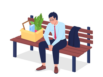 Sad fired employee sitting on bench flat color vector detailed character preview picture