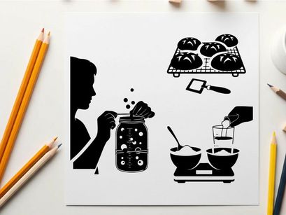 Silhouette of person baking with various kitchen tools silhouette