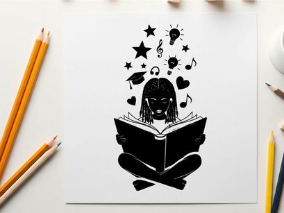 Silhouette of a girl reading with imagination and inspiration