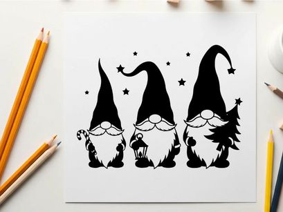 Three gnomes silhouette with christmas tree and stars
