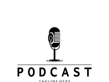 podcast logo with microphone and earphone audio, radio waves. for studio, talk show, chat, information sharing, interview, multimedia and web.