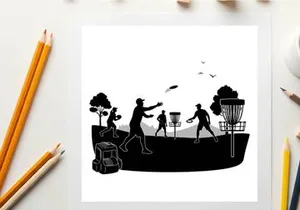 Silhouette of people playing disc golf in a park with trees and baskets