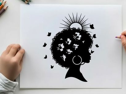 Silhouette of a woman with flowers and sun