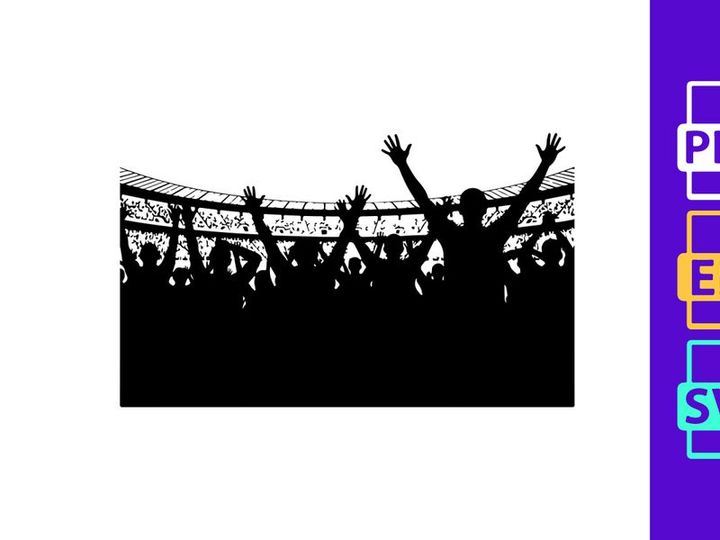 Silhouette of a crowd of people with raised hands in a stadium