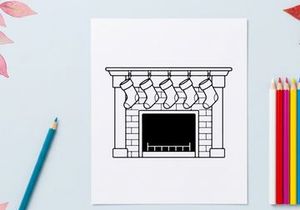 Line art illustration of a fireplace with hanging stockings