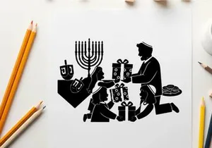 Hanukkah celebration with silhouette family and traditional symbols