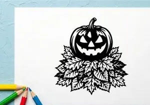 Halloween Pumpkin with Carved Face and Leaves for Fall Decor