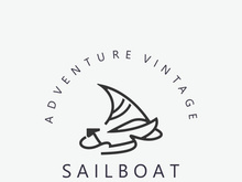Sailboat vintage logo minimalist with wave, travel yacth or sailing boat vector design template