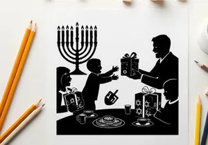 Silhouette of a family celebrating hanukkah with gift giving and traditional foods