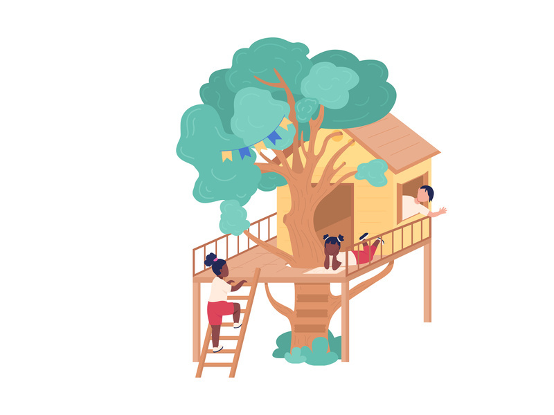 Hanging out with friends in tree fort flat color vector illustration